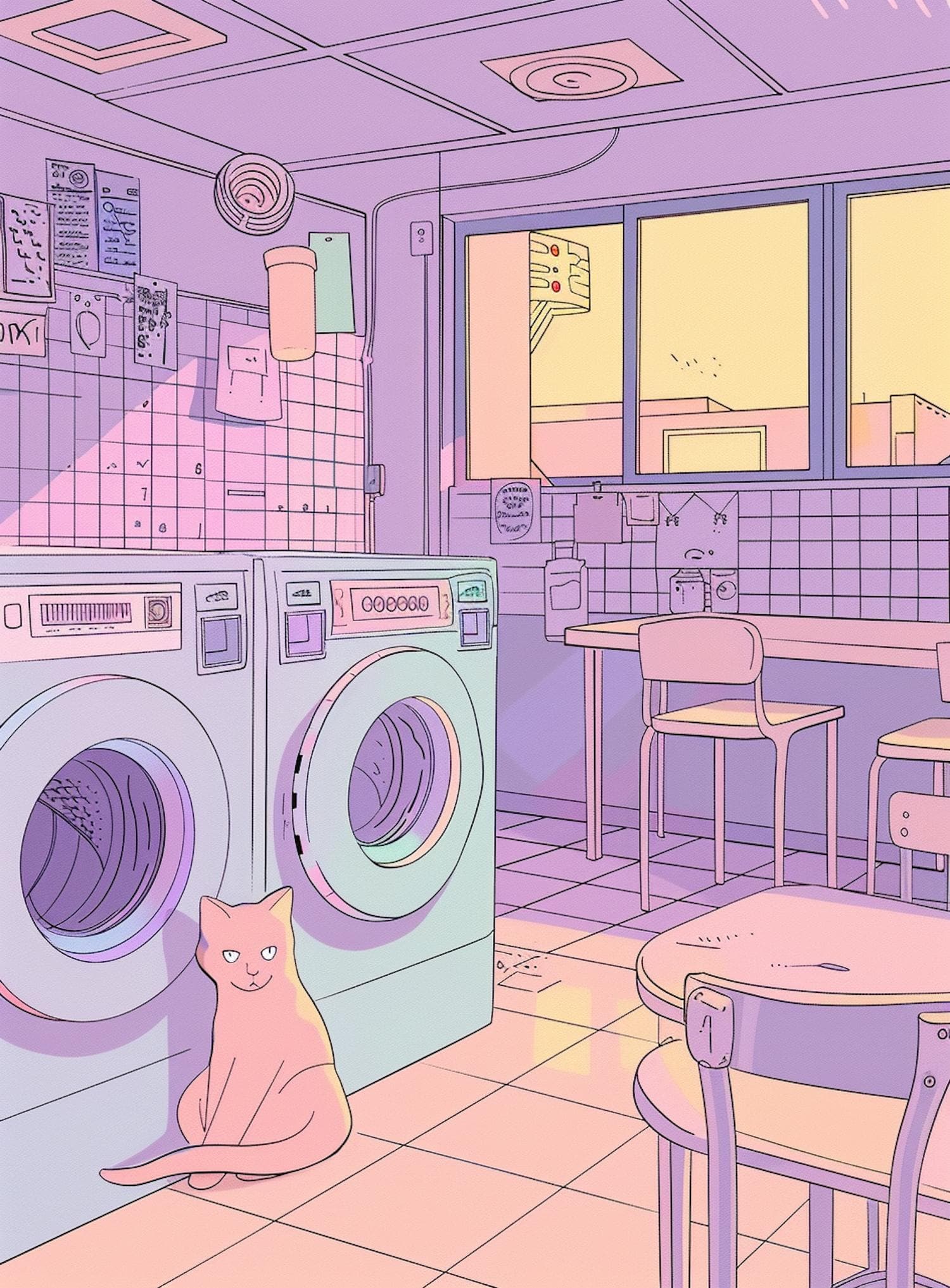 Cozy Laundromat with Cat - Illustration by Viri Gutierrez